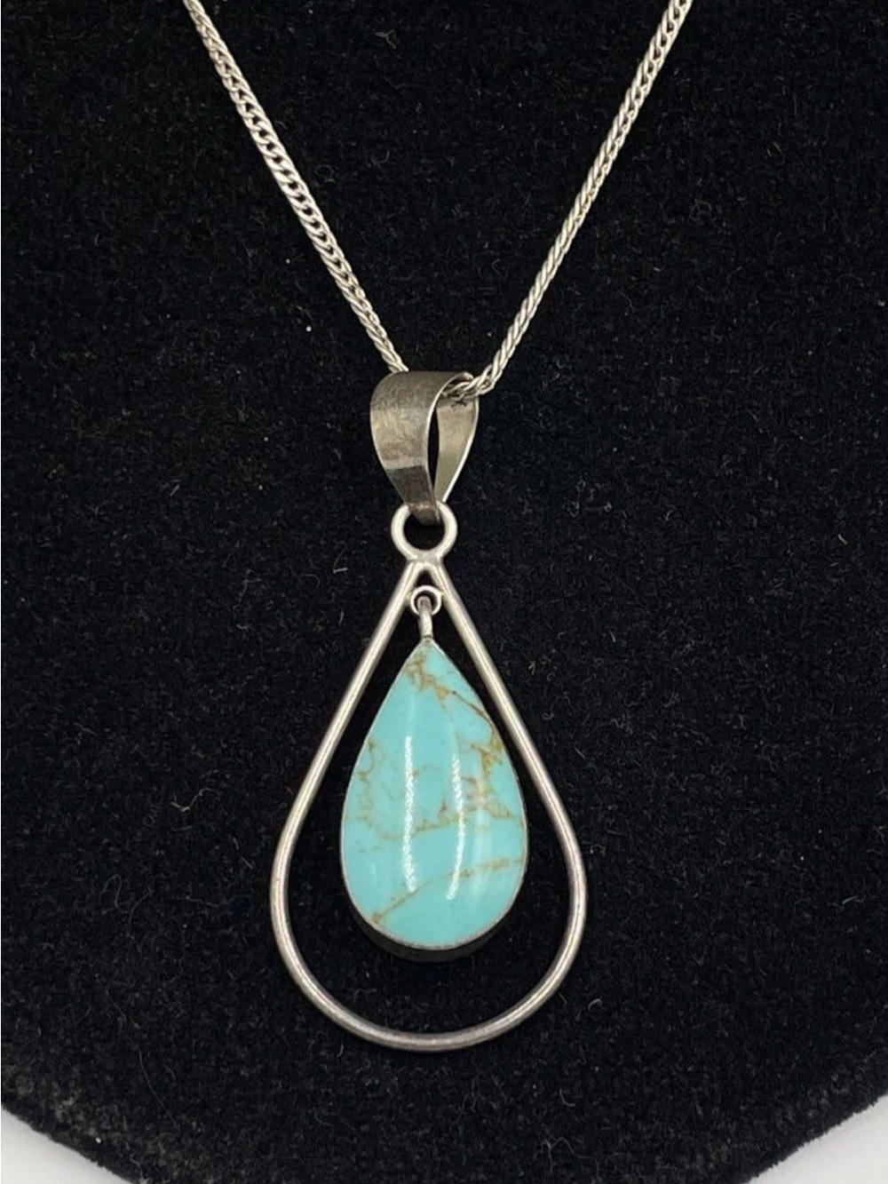 Vintage Mexican 950 Fine Silver Turquoise Teardrop Necklace